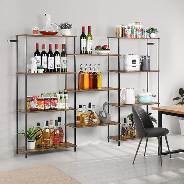 melos 4 Tier Bookshelf, Industrial Bookcase, Large Etagere Bookshelf Open Display Shelves with Metal Frame and 2 Anti-Tipping Strap, Brown - LeafyLoom