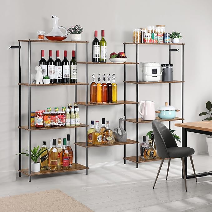 melos 4 Tier Bookshelf, Industrial Bookcase, Large Etagere Bookshelf Open Display Shelves with Metal Frame and 2 Anti-Tipping Strap, Brown - LeafyLoom