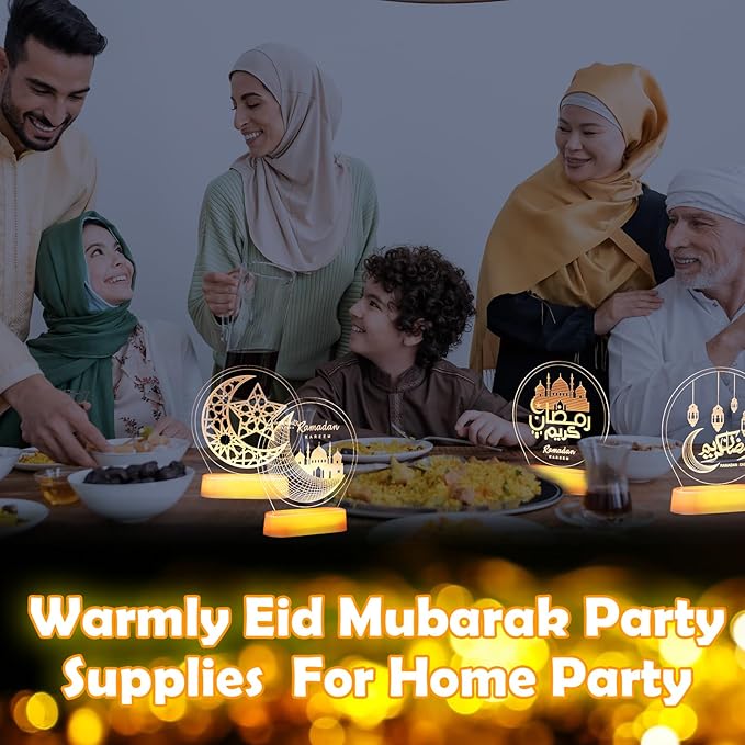 4 Pieces Ramadan Table Lights Eid Mubarak Decoration for Home Moon Star Castle LED Lights Ramadan Table Centerpiece Mubarak Gift for Muslims Islamic Holiday Eid Al Fitr Party Supplies - LeafyLoom