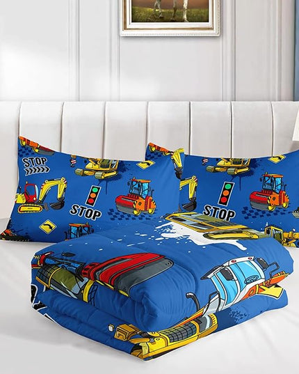 Axolotl Blue Excavator Bedding Queen,3Pcs Boys Construction Comforter Set,Cartoon Machinery Truck Bedding Set for Boys Kids Children Teens Bedroom Decor Cars Quilt Set with 1 Comforter 2 Pillowcase - LeafyLoom