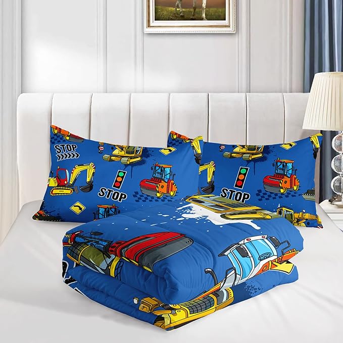 Axolotl Blue Excavator Bedding Full,3Pcs Boys Construction Comforter Set,Cartoon Machinery Truck Bedding Set for Boys Kids Children Teens Bedroom Decor Cars Quilt Set with 1 Comforter 2 Pillowcase - LeafyLoom