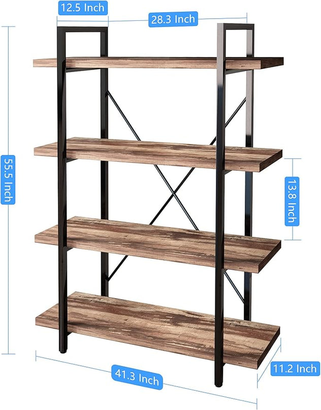 45MinST 4-Tier Vintage Industrial Style Bookcase/Metal and Wood Bookshelf Furniture for Collection,Vintage Brown, 3/4/5 Tier (4-Tier) - LeafyLoom