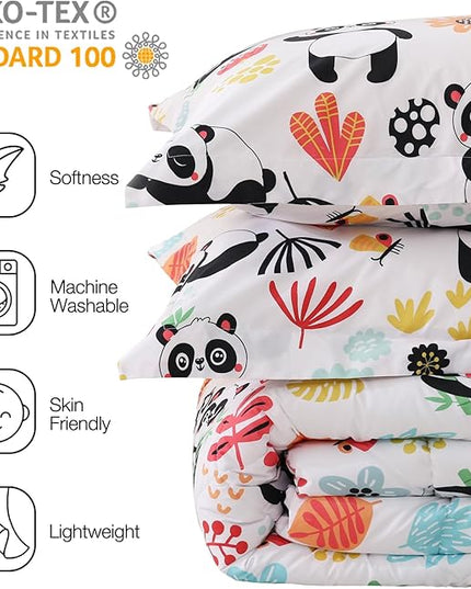 JSD Panda Flower Kids Comforter Set, 2 Pieces Twin Microfiber Comforter with Pillow Sham, Soft Comfortable Machine Washable - LeafyLoom