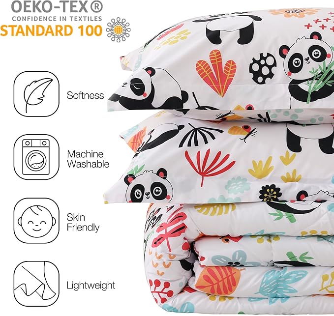 JSD Panda Flower Kids Comforter Set, 3 Pieces Full Microfiber Comforter with Pillow Shams, Soft Comfortable Machine Washable - LeafyLoom