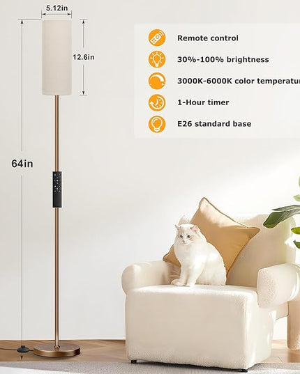 Ambimall 64'' Floor Lamps for Living Room with Remote Control and Stepless Dimmable Colors Temperature & Brightness, 9W Bulb Included(Beige Lampshade & Brown Pole) - LeafyLoom