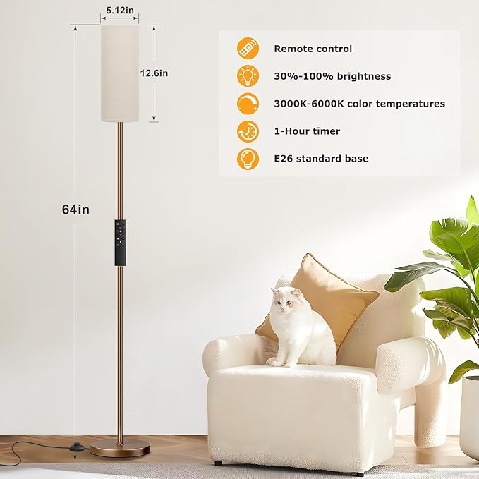 Ambimall 64'' Floor Lamps for Living Room with Remote Control and Stepless Dimmable Colors Temperature & Brightness, 9W Bulb Included(Beige Lampshade & Brown Pole) - LeafyLoom
