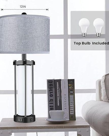 Table Lamps for Living Room Set of 2,26" Tall Bedside Farmhouse Table Lamps with LED Lantern Nightlight,Bedroom Nightstand Lamps with Dual USB Port Grey Fabric Shade (Bulbs Included) - LeafyLoom