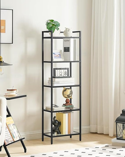 HOOBRO 5-Tier Bookcase, Metal Bookshelf, Tempered Glass Bookshelves, Slim Shelving Unit for Living Room, Narrow Bookshelf for Small Spaces, Storage Rack Display Shelf for Home Office, Black BK45SJ01 - LeafyLoom