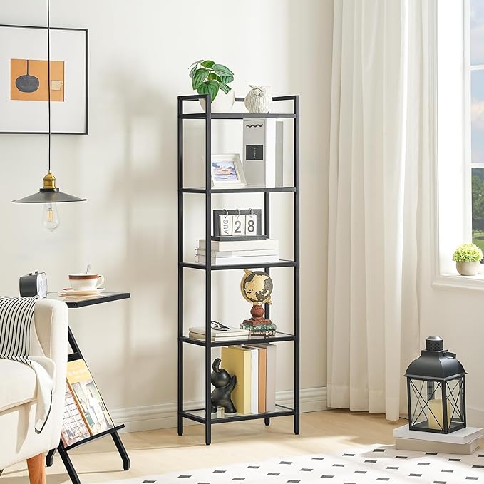 HOOBRO 5-Tier Bookcase, Metal Bookshelf, Tempered Glass Bookshelves, Slim Shelving Unit for Living Room, Narrow Bookshelf for Small Spaces, Storage Rack Display Shelf for Home Office, Black BK45SJ01 - LeafyLoom