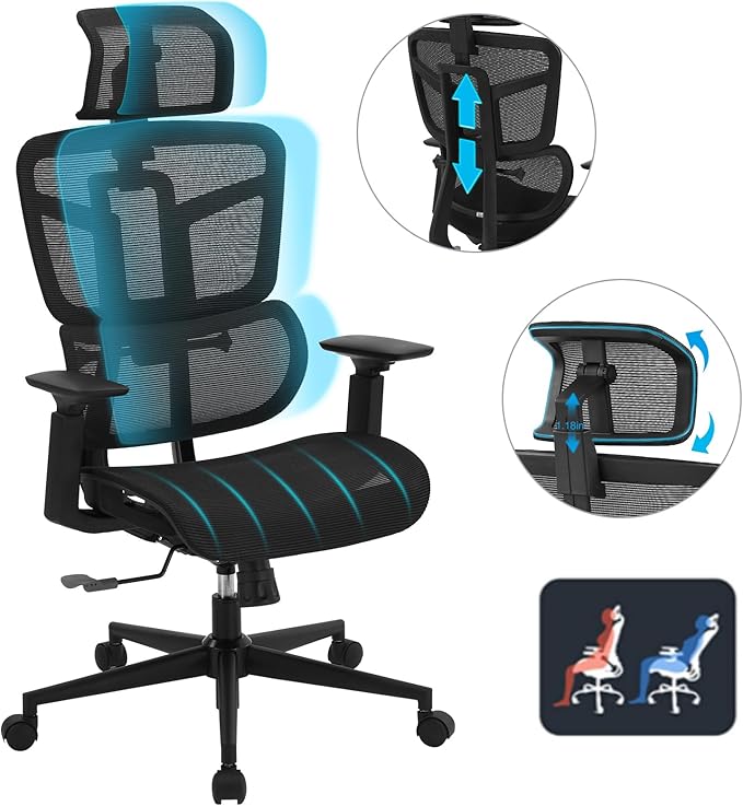 Office Computer Desk Chair, Ergonomic Desk Chair Mesh Computer Chair with Wheels, Adjustable 4D Smart Lumbar Support, Armrests, Seat Depth and Headrest for Home, Bedroom, Study, Dorm, Student, Adults - LeafyLoom