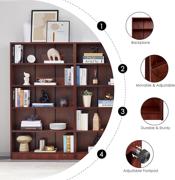 Farini Cherry Bookshelf 5 Shelf Office Bookcase 60 Inches Tall Modern Wood Bookshelf for Living Room Office - LeafyLoom