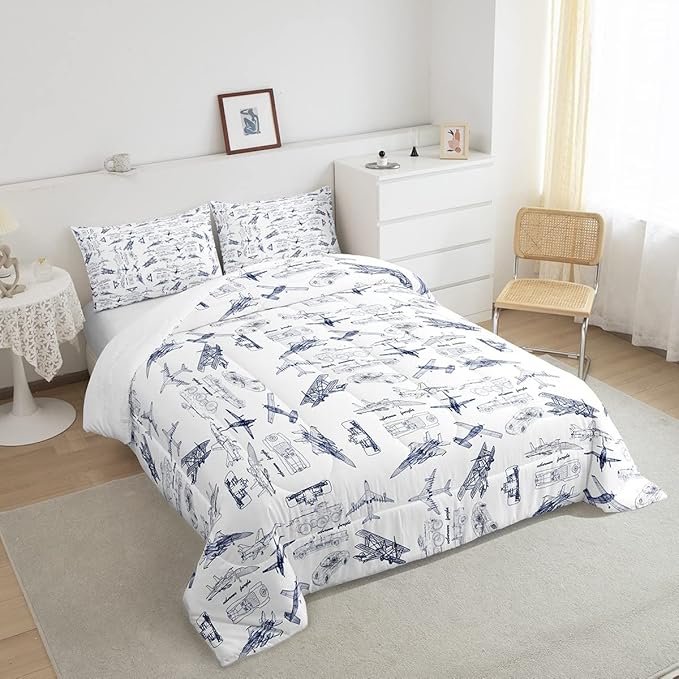 Feelyou Aircraft Bedding Set Kids Airplane Print Comforter Set Boys Girls Decor Aircraft Flying Comforter Cover Set Microfiber Sketch Style Blue White Duvet Set Bedroom Quilt Set Twin Size - LeafyLoom