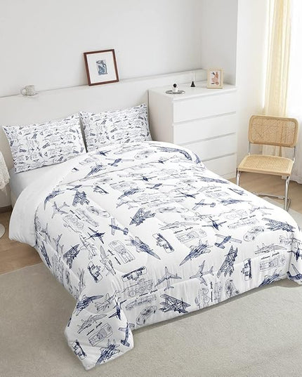 Feelyou Aircraft Bedding Set Kids Airplane Print Comforter Set Boys Girls Decor Aircraft Flying Comforter Cover Set Microfiber Sketch Style Blue White Duvet Set Bedroom Quilt Set Queen Size - LeafyLoom