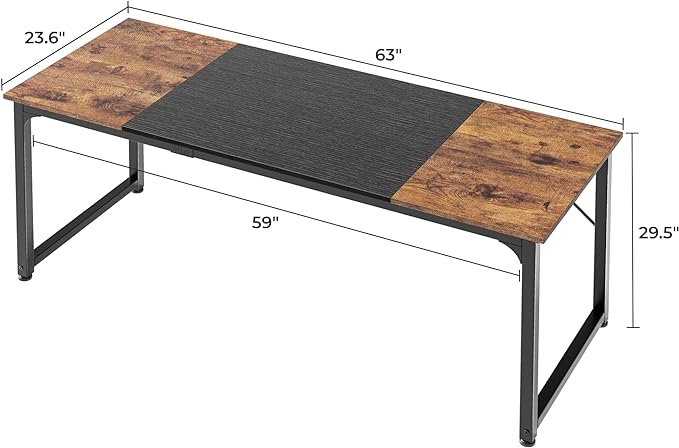 Computer Desk, 63 Inch Office Desk, Gaming Desk with Storage, Writing Desk Work Desk for Home Office, Study, Modern Simple Desk, Large Legroom, Metal Frame, Rustic Brown and Black - LeafyLoom
