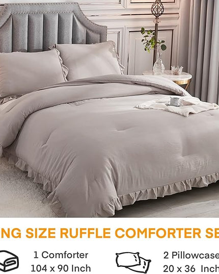 Andency Wheat Ruffled Comforter King(104x90Inch), 3 Pieces(1 Ruffle Comforter and 2 Pillowcases) Vintage Ruffle Fringe Comforter, Farmhouse Rustic Microfiber Down Alternative Bedding Comforter Set - LeafyLoom