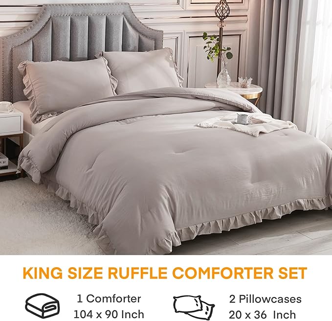 Andency Wheat Ruffled Comforter King(104x90Inch), 3 Pieces(1 Ruffle Comforter and 2 Pillowcases) Vintage Ruffle Fringe Comforter, Farmhouse Rustic Microfiber Down Alternative Bedding Comforter Set - LeafyLoom
