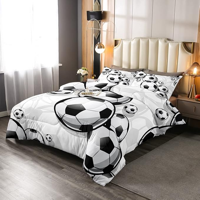 Erosebridal Boys Soccer Bedding Sets Football Down Comforter Sports Gaming Comforter Set for Kids Girls Soccer Hand Draw Quilt Set with 1 Comforter and 2 Pillow Cases Full Size Black White - LeafyLoom