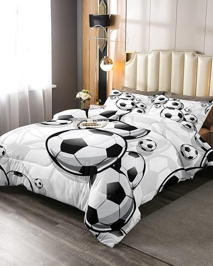 Erosebridal Boys Soccer Bedding Sets Football Down Comforter Sports Gaming Comforter Set for Kids Girls Soccer Hand Draw Quilt Set with 1 Comforter and 2 Pillow Cases King Size Black White - LeafyLoom