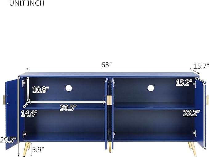Merax Modern TV Stand with Storage Cabinets for Televisions up to 60+ Inch, Entertainment Center Console Table Media Furniture for Living Room, Bedroom, Solid Metal Feet, 63" Long, Navy Blue - LeafyLoom