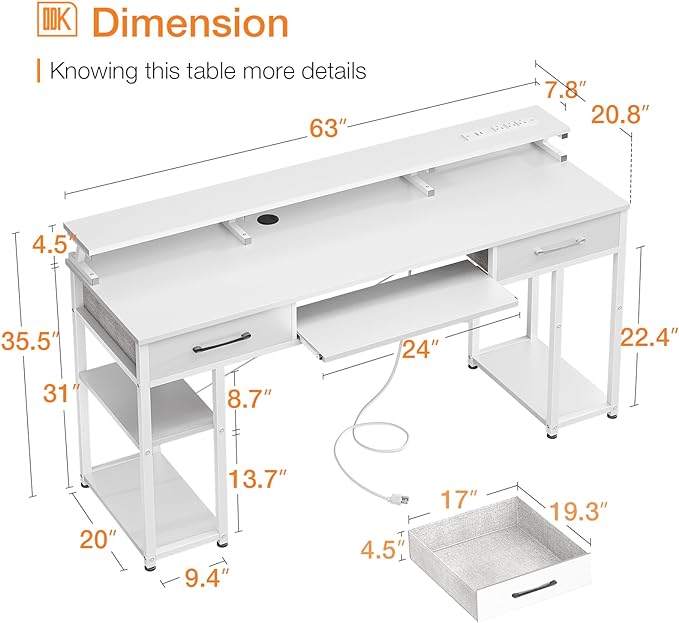 ODK Computer Desk with Drawers & Power Outlet, 63 Inch Office Desk with Keyboard Tray & Storage Shelves & PC Stand, Large Office Table Work Desk with Monitor Stand, White - LeafyLoom