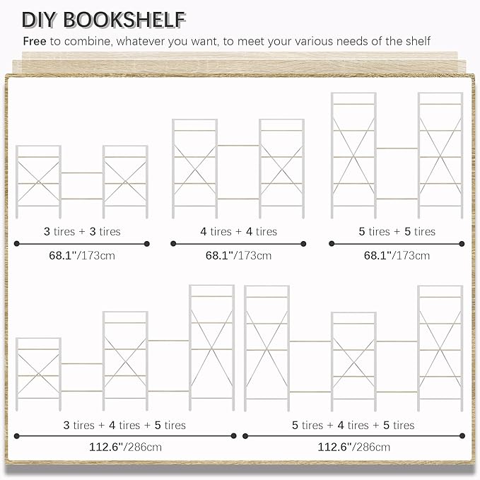 4NM Bookshelf Industrial Bookcase 5 Tier Home Office Adjustable Bookshelves Storage Shelves Organizer Vintage Book shelf Display Rack for Living Room, Bedroom,Home - Natural - LeafyLoom