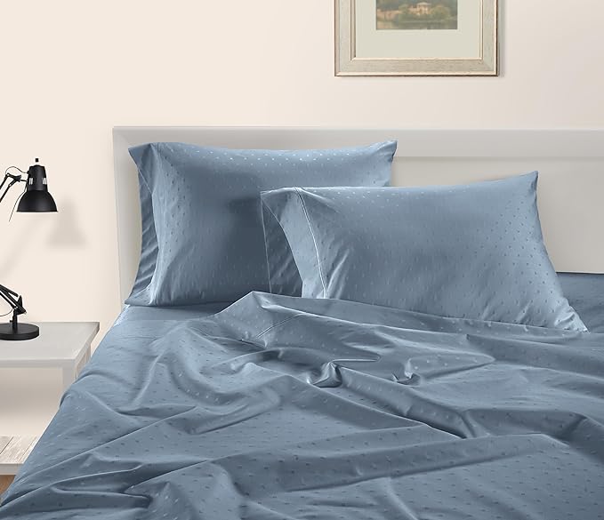 LANE LINEN Split King Sheets for Adjustable Beds - 1000 Thread Count 5PC Sheets Set, 100% Egyptian Cotton, Cool Breathable & Soft, 2 Fitted Fits Upto 16" Deep Pockets - Swiss Dot - French Blue - LeafyLoom