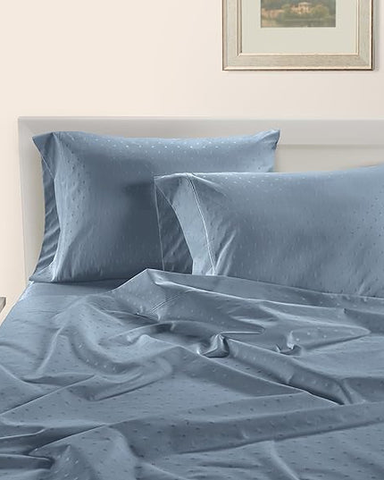 LANE LINEN 100% Egyptian Cotton Bed Sheets - 1000 Thread Count 4PC Queen Sheets Set, Long Staple Cotton Bedding Sheets, Sateen Weave, Luxury Hotel Sheets, Deep Pocket, Swiss Dot - French Blue - LeafyLoom