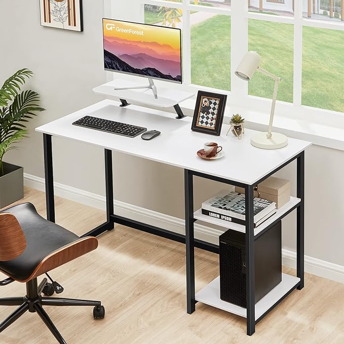 GreenForest Computer Desk with Monitor Stand and Reversible Storage Shelves,39 inch Small Home Office Writing Study Desk for Small Spaces,White - LeafyLoom