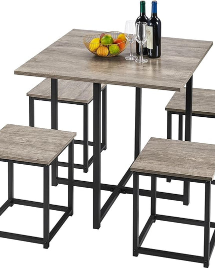 Yaheetech 5-Piece Dining Table Set - Industrial Kitchen & Chairs Sets for 4 Compact with Stools Space-Saving Design Apartment, Small Space, Breakfast Nook, Gray - LeafyLoom
