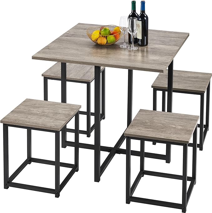 Yaheetech 5-Piece Dining Table Set - Industrial Kitchen & Chairs Sets for 4 Compact with Stools Space-Saving Design Apartment, Small Space, Breakfast Nook, Gray - LeafyLoom