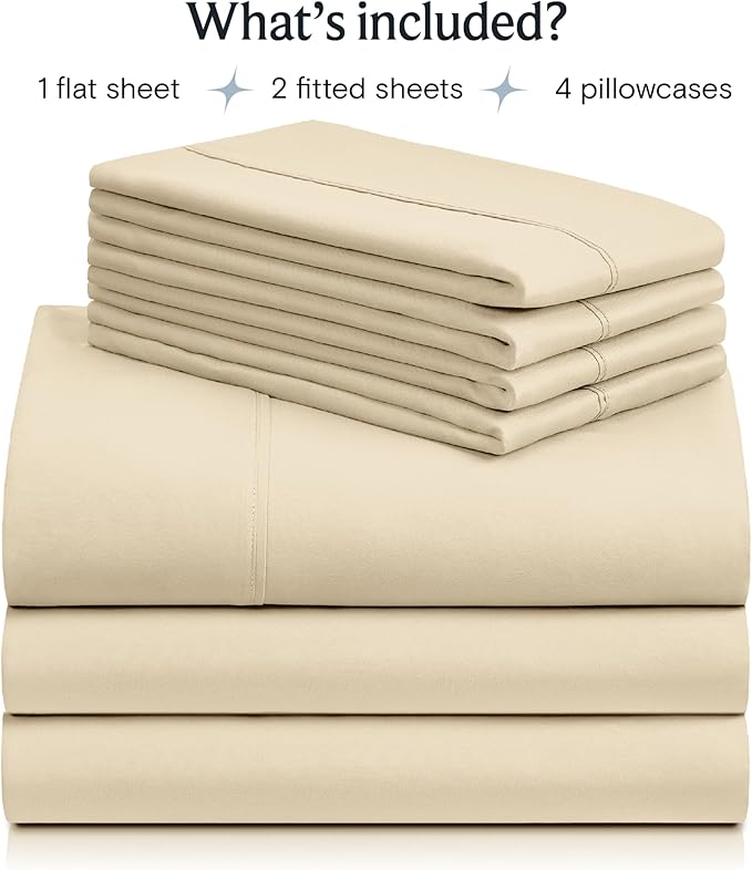 LuxClub 7 PC Split King Sheet Set, Breathable Luxury Bed Sheets, Deep Pockets 18" Eco Friendly Wrinkle Free Cooling Sheets Machine Washable Hotel Bedding Silky Soft - Cream Split King - LeafyLoom