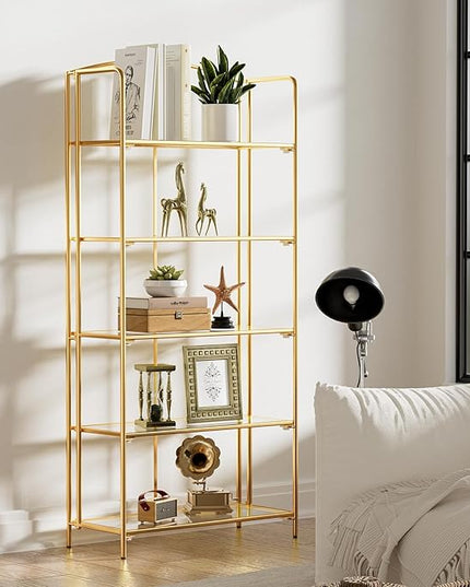 No Assembly Folding Bookshelf for Living Room, 5 Tier Gold Collapsible Book Shelf for Home Office, Portable Bookcase Storage Organizer - LeafyLoom