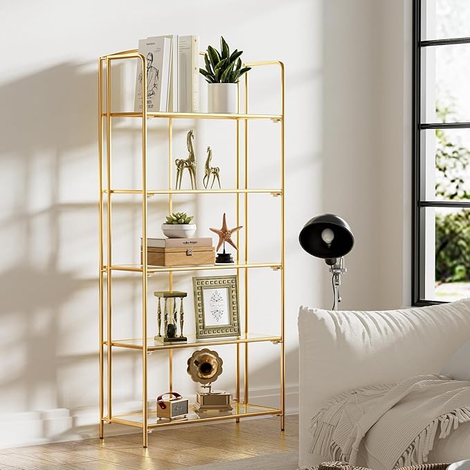 No Assembly Folding Bookshelf for Living Room, 5 Tier Gold Collapsible Book Shelf for Home Office, Portable Bookcase Storage Organizer - LeafyLoom