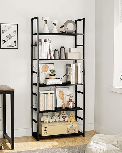 OTK 5 Tier Bookshelf, Tall Bookcase, Office Shelf Storage Organizer, Modern Book Shelf for Living Room, Bedroom, and Home Office, Black - LeafyLoom