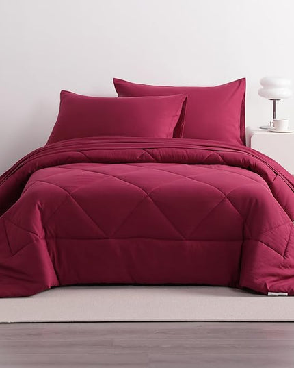 NTBAY Twin Comforter Set with Sheets, 5 Pieces Soft and Breathable Twin Bedding Set, Twin Bed in a Bag, Down Alternative Comforter Set Solid Color All Season, Kids Bedding Set, Wine Red - LeafyLoom