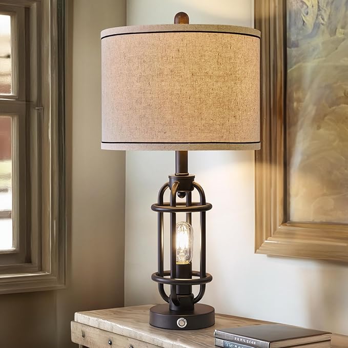 Industrial Black Metal Table Lamps Living Room 23.75'' Lamp for Nightstand Single Bedside End Lamp Home Decor Touch Lamp Modern Lamps with USB Ports - LeafyLoom