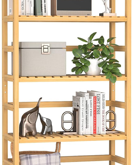 Homykic Bookshelf, 6-Tier Bamboo Adjustable 63.4” Tall Bookcase Book Shelf Organizer, Free Standing Storage Shelving Unit for Living Room, Kitchen, Bedroom, Bathroom, Office, Rust Resistance, Natural - LeafyLoom