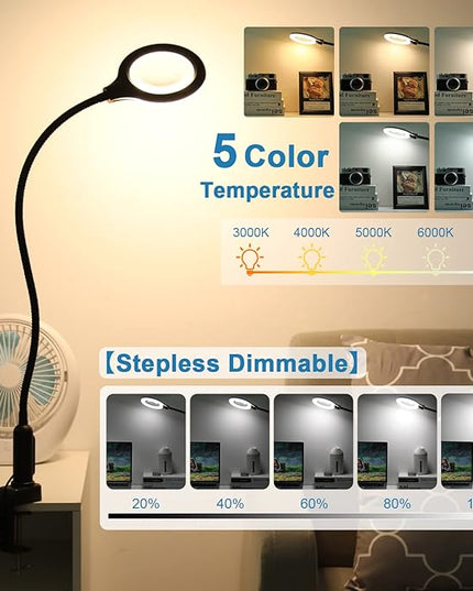 26" Gooseneck Magnifying Lamp with Clamp, 5 Color Modes Stepless Dimmable LED Desk Light with Magnifying Glass, 10X Real Glass Lighted Magnifier Hands Free for Painting Close Work Craft Hobby - LeafyLoom