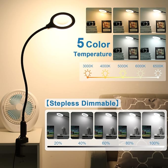 26" Gooseneck Magnifying Lamp with Clamp, 5 Color Modes Stepless Dimmable LED Desk Light with Magnifying Glass, 10X Real Glass Lighted Magnifier Hands Free for Painting Close Work Craft Hobby - LeafyLoom