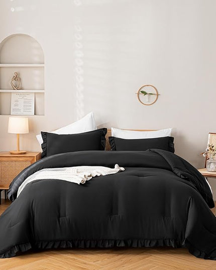 JANZAA Queen Comforter Set Black Comforter Set 3PCS (1 Ruffled Comforter Set and 2 Pillowcases) Shabby Chic Bedding Vintage Soft Fluffy Bed Set for All Season - LeafyLoom