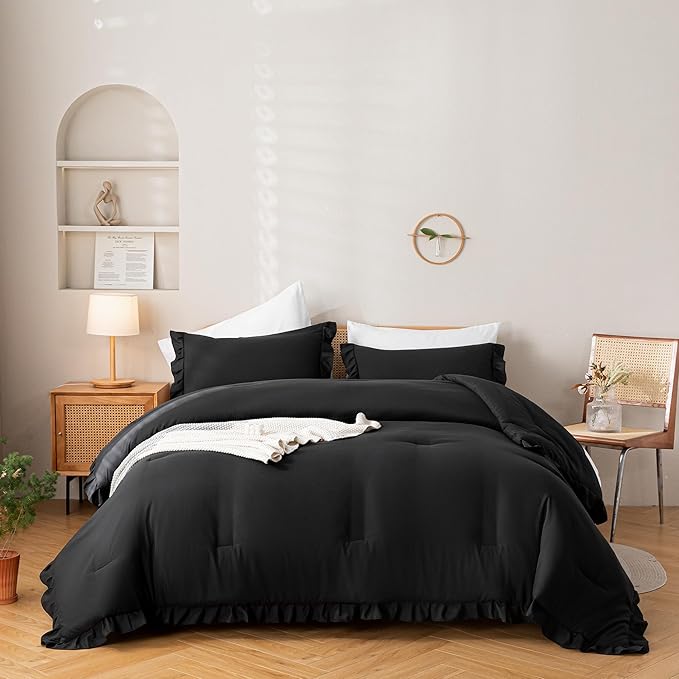 JANZAA Queen Comforter Set Black Comforter Set 3PCS (1 Ruffled Comforter Set and 2 Pillowcases) Shabby Chic Bedding Vintage Soft Fluffy Bed Set for All Season - LeafyLoom