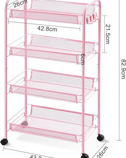 TOOLF 4-Tier Rolling Cart, Metal Utility Cart with 3 Hooks, Easy Assemble Mobile Storage Trolley On Wheels, Metal Shelving Units Kitchen Bathroom Laundry Room - LeafyLoom