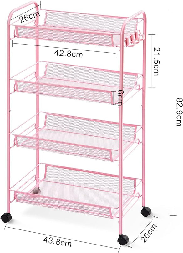 TOOLF 4-Tier Rolling Cart, Metal Utility Cart with 3 Hooks, Easy Assemble Mobile Storage Trolley On Wheels, Metal Shelving Units Kitchen Bathroom Laundry Room - LeafyLoom