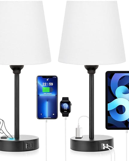 White Bedside Lamps for bedrooms Set of 2 - Nightstand Bedroom Lamp with USB C Port and AC Outlet Charging, 3 Way Dimmable Touch Control Small White Bed Side Table Lamp, Nightstand Light for Kids - LeafyLoom