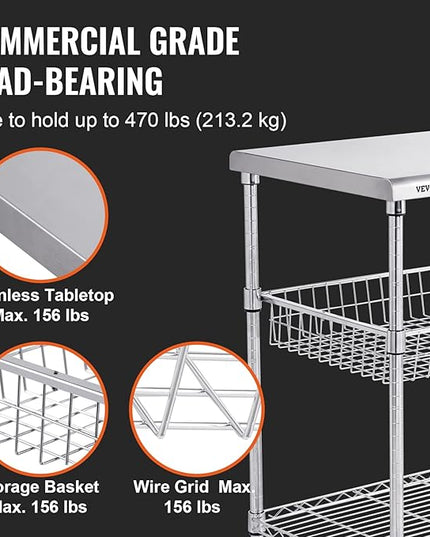 VEVOR Kitchen Utility Cart, 36.6"x20"x24" 3 Tiers Wire Rolling Cart, 470LBS Capacity Steel Service Cart with Brake Wheels, Storage Trolley with 76mm Basket PP Liner 6 Hooks, for Indoor & Outdoor Use - LeafyLoom