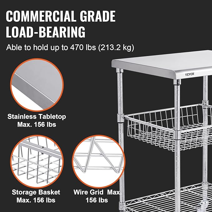 VEVOR Kitchen Utility Cart, 36.6"x20"x24" 3 Tiers Wire Rolling Cart, 470LBS Capacity Steel Service Cart with Brake Wheels, Storage Trolley with 76mm Basket PP Liner 6 Hooks, for Indoor & Outdoor Use - LeafyLoom