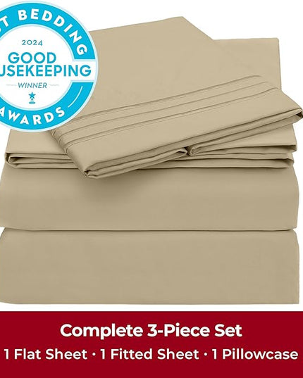 Mellanni Twin XL Sheets Set - 3 PC Iconic Collection Bedding Sheets & Pillowcases - Hotel Luxury, Extra Soft, Cooling Bed Sheets - Deep Pocket up to 16 inch (Twin Extra Long, Beige) - LeafyLoom