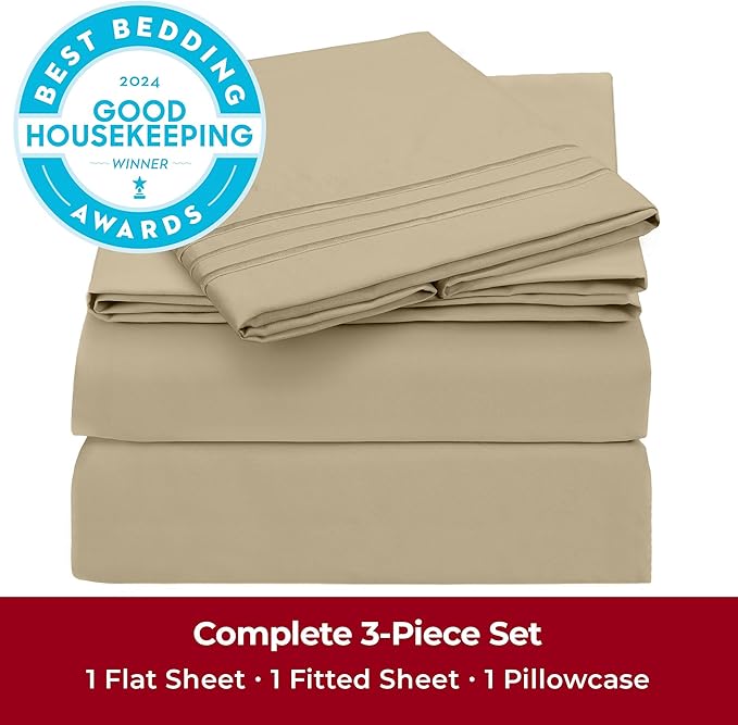 Mellanni Twin XL Sheets Set - 3 PC Iconic Collection Bedding Sheets & Pillowcases - Hotel Luxury, Extra Soft, Cooling Bed Sheets - Deep Pocket up to 16 inch (Twin Extra Long, Beige) - LeafyLoom