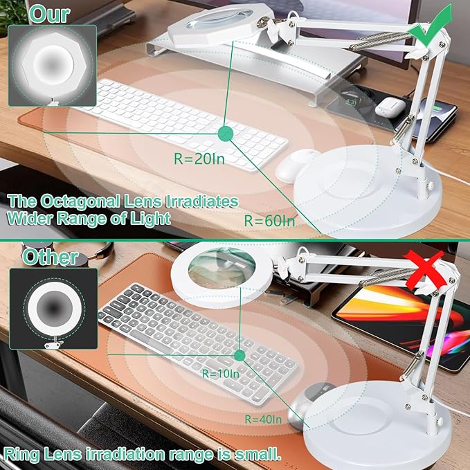 10X Magnifying Glass with Light Hand Free, HITTI 3 Color Stepless Dimmable Magnifying Lamp, 2-in-1 Lighted Deak Lamp & Clamp, Magnifier with Light and Stand for Crafts Reading Close Workbench Repair - LeafyLoom