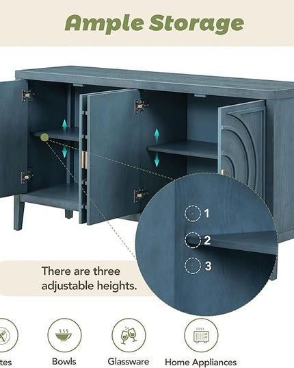 Retro Sideboard with Circular Groove Design Round Metal Door Handle,Wooden Buffet Cabinet,W/Adjustable Shelves & Open Countertop,for Entrance Living Dinning Room,Antique Blue, 60" - LeafyLoom